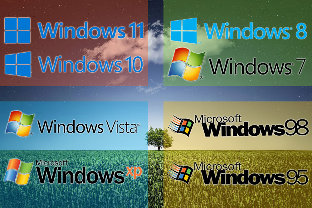 Die Logos der Microsoft-Betriebssysteme Windows 95 bis Windows 11